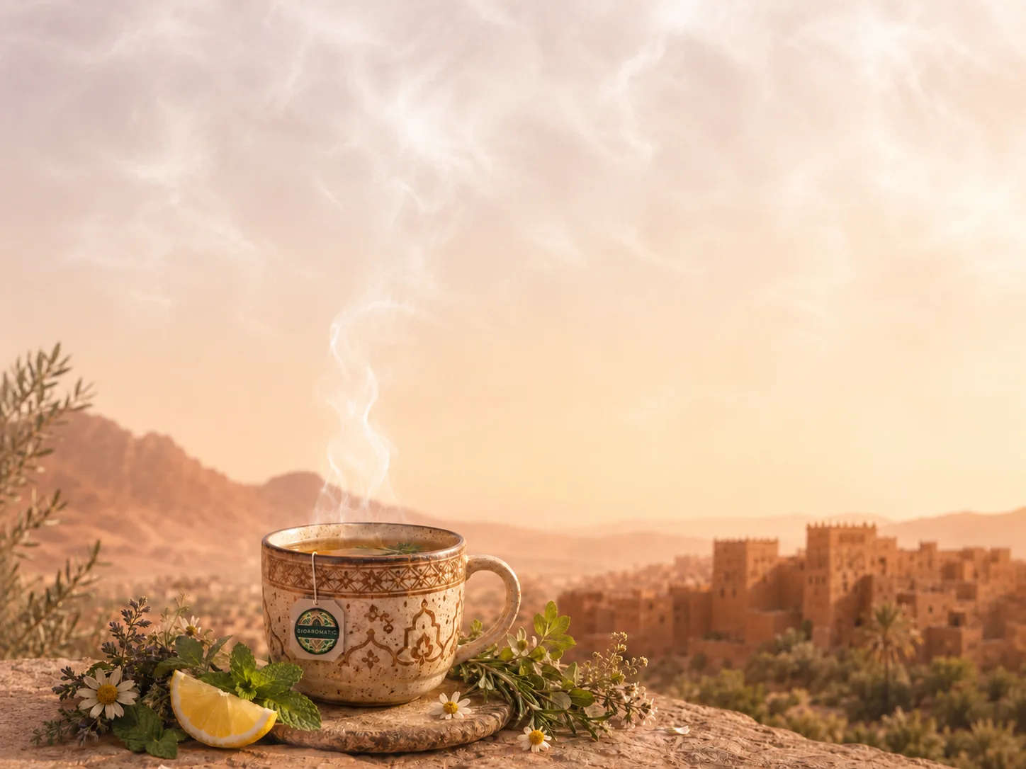 Tasse de tisane BIOAROMATIC dans une ambiance botanique chaude