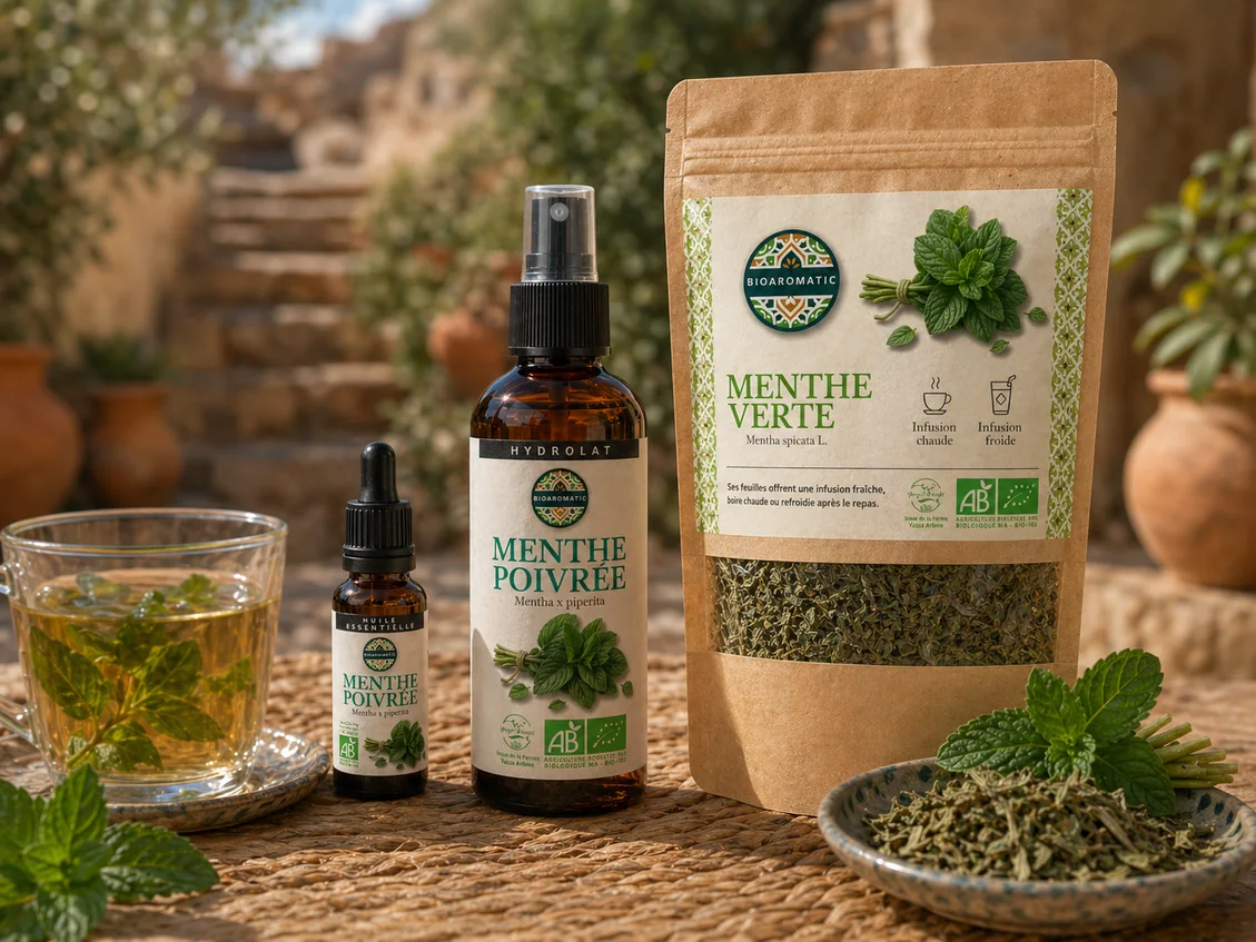 Sélection BIOAROMATIC à la menthe présentée dans un décor inspiré de la ferme